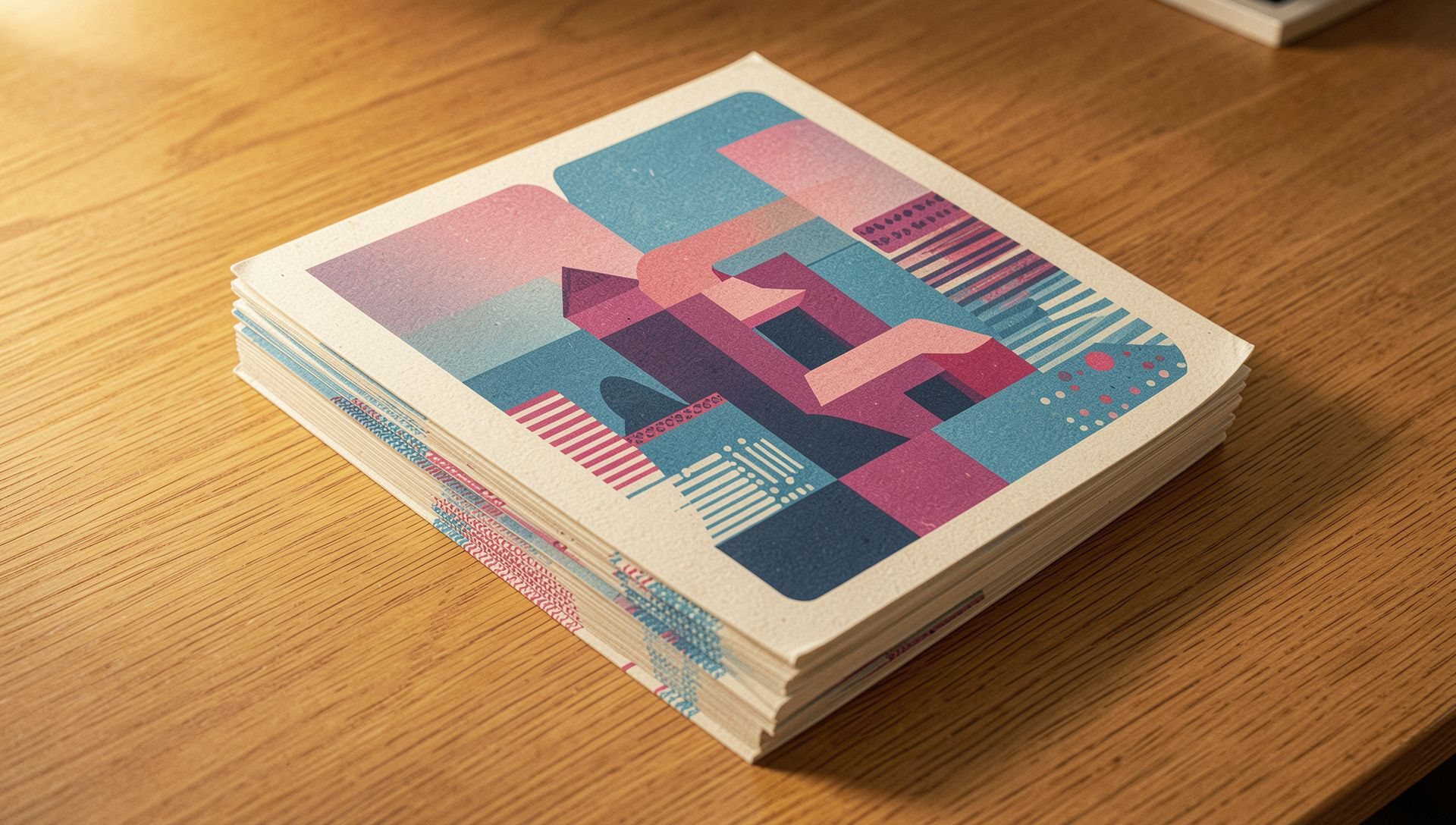Stack of printed issues rendered as angular geometric forms
