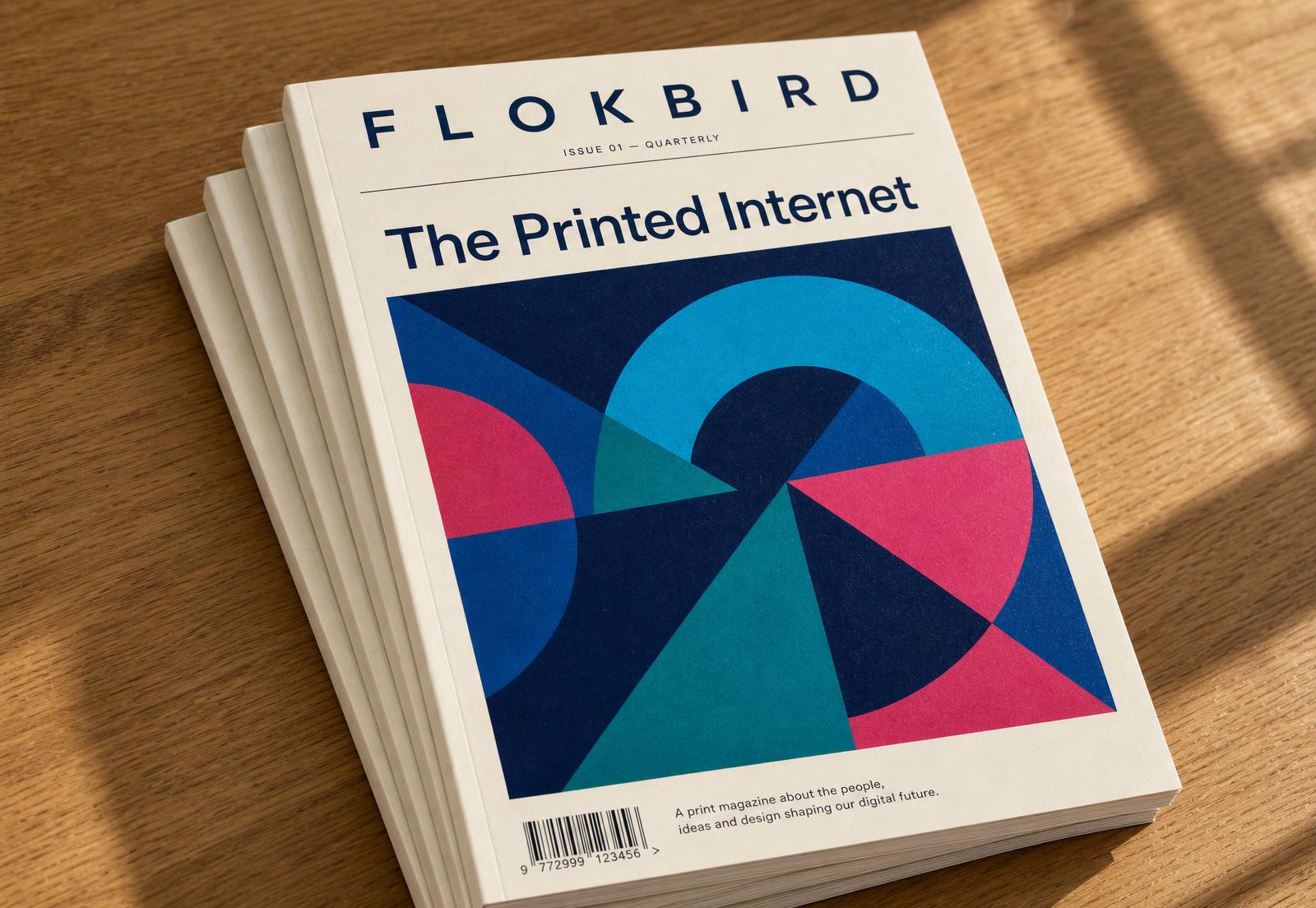 A stack of printed Flokbird issues on a wooden table, the top copy showing the Issue 01 cover with the FLOKBIRD masthead and a geometric cyan, magenta and teal composition