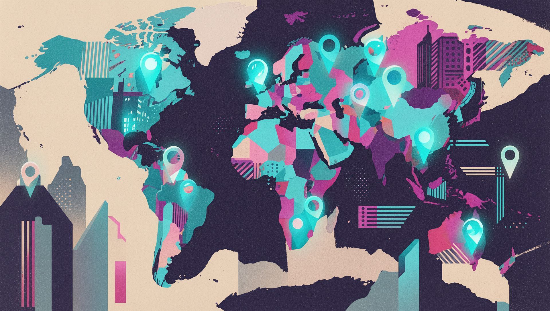 Geometric world map showing Flokbird's print and fulfilment network